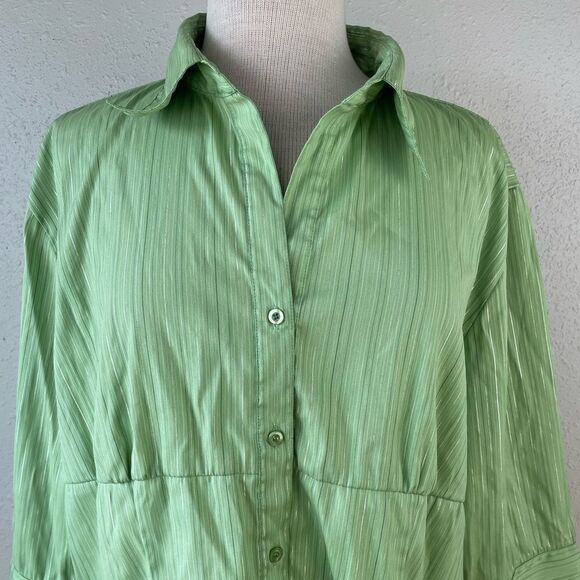 DCC Woman Green and Metallic Pinstriped Button Down Shirt Size 1X EUC - Picture 4 of 7